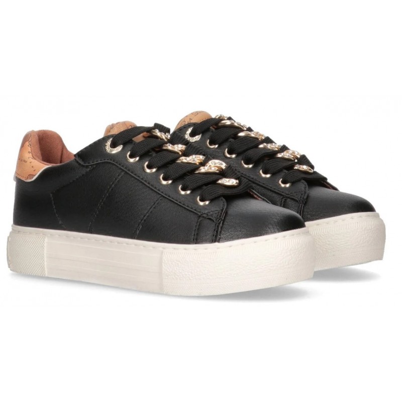 ALVIERO MARTINI Sneaker donna junior bambina nero nera con catena dorata e zirconi 1a classe Numero 36